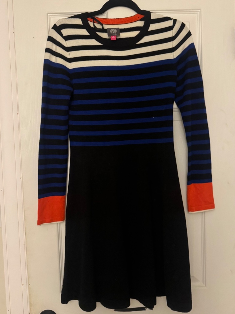 Vince Camuto Black Dress with Blue, White & Orange Stripes.